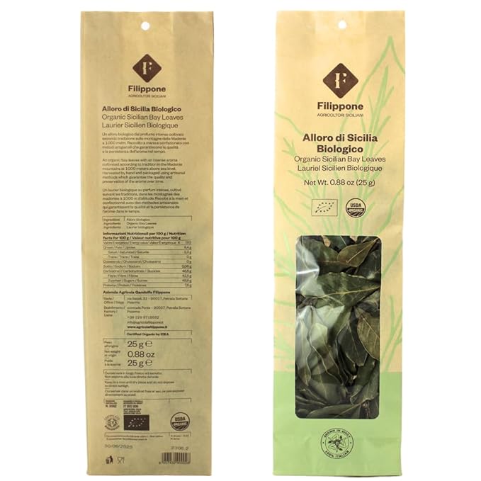FILIPPONE - Organic Bay Leaves on Stem, 25 g (0.88 oz), Sicilian, Certified USDA Organic