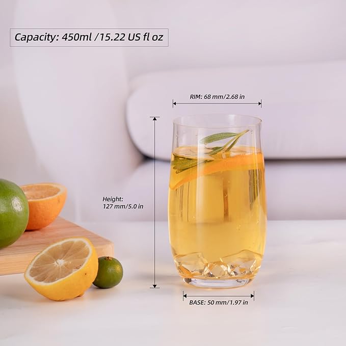 KAMMAK Drinking Glasses Set of 2, 15oz Crystal Water Glasses, Everyday Tall Glass Cups, Highball