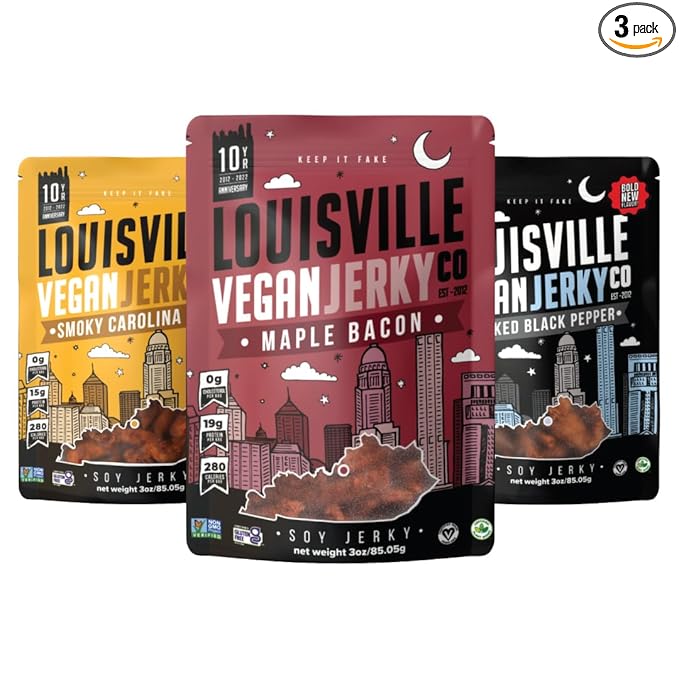 Louisville Vegan Jerky Co. Best Sellers 1 Variety Bundle Vegan Jerky 3 oz. 3 pack (Smoky Carolina