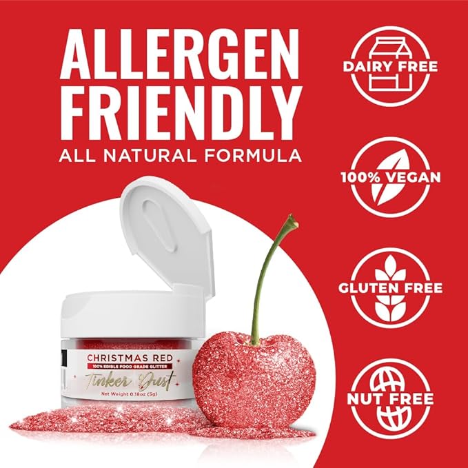 Bakell - Christmas Red Tinker Dust (5g, 1x Jar) Edible Glitter for Food, Desserts, and Beverages!