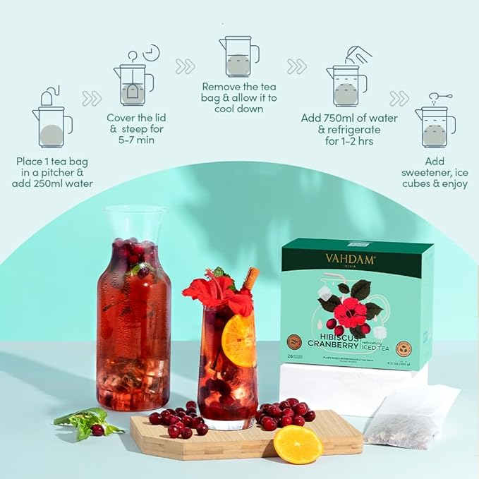 Hibiscus Cranberry Iced Tea Bags (26 Pitcher Tea Bags/52 Quarts) Zero Added Sugar | Naturally Sweet