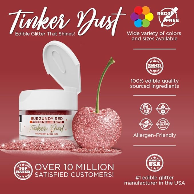 Bakell - Burgundy Red Tinker Dust (5g, 1x Jar) Edible Glitter for Food, Desserts, and Beverages!