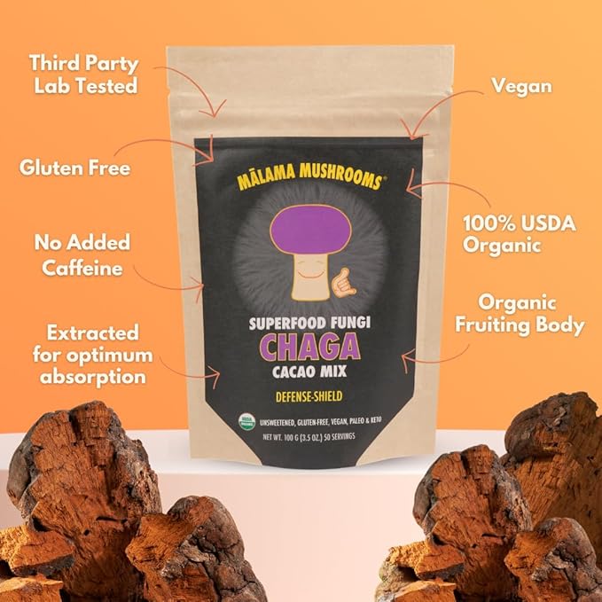 Malama Organic Mushroom Hot Cacao Mix, Chaga Mushroom Powder with Fair Trade Cacao for Immune &
