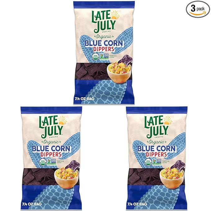 Late July Snacks, Dippers, Organic Blue Corn Tortilla Chips, 7.4-oz. Bag (Pack of 3)