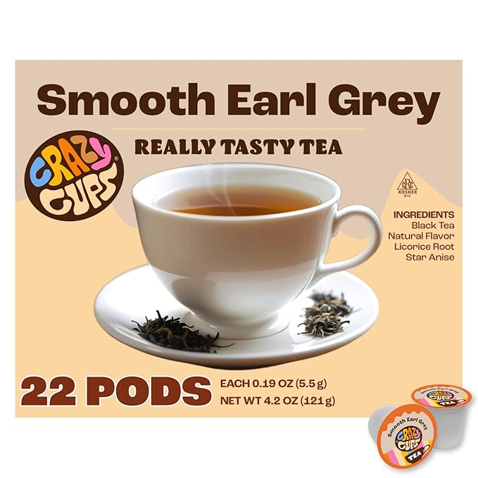 Crazy Cups Smooth Earl Grey Herbal Tea Pods, 22 Count | Caffeine Free, Kosher Certified Black Tea