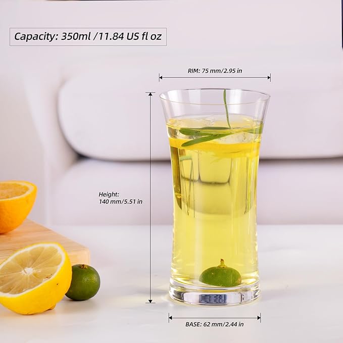 KAMMAK Drinking Glasses Set of 2, 11.8oz Crystal Water Glasses, Everyday Tall Glass Cups, Highball