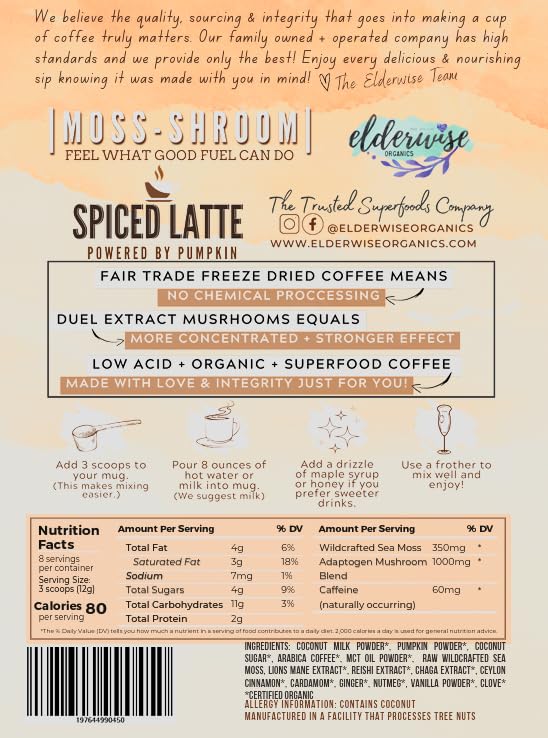 Elderwise Organics Coffee Spiced Latte | Powered by Pumpkin & Mushrooms | Sea Moss, Chaga, Lion's