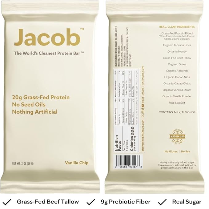 Jacob Bar, Protein Bars, Vanilla (9 Bars Total) - 20g Grass-Fed Protein, No Seed Oils, Nothing