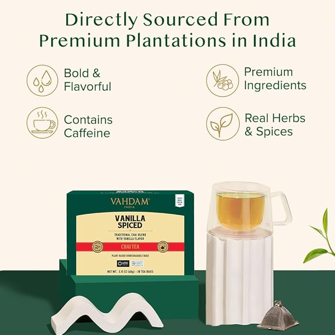 VAHDAM, Vanilla Chai Tea Bags (30 Count) High Caffeine, Non GMO, Gluten Free | Individually