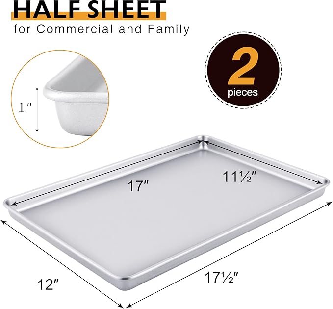 HONGBAKE Half Baking Sheet Pan Set of 2, Nonstick Cookie Sheet for Oven, Heavy Duty 1/2 Commercial