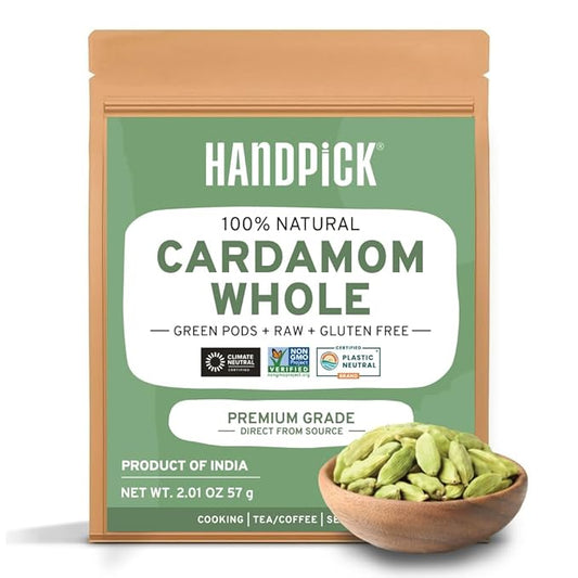 HANDPICK Green Cardamom Pods (57g / 2oz) Large size Green Elaichi | Pure, Non-GMO, Gluten Free |
