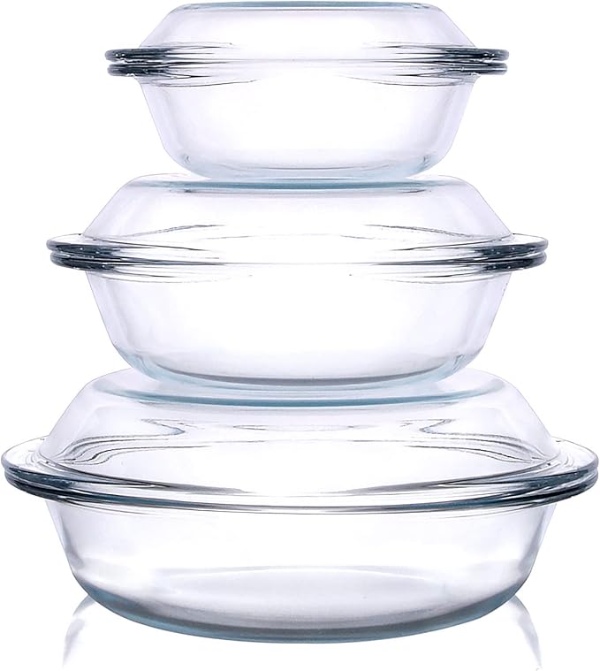 Set of 6 Round Glass Casserole Dishes, Nesting Glass Baking Dish Set with Lid, Oven, Freezer and