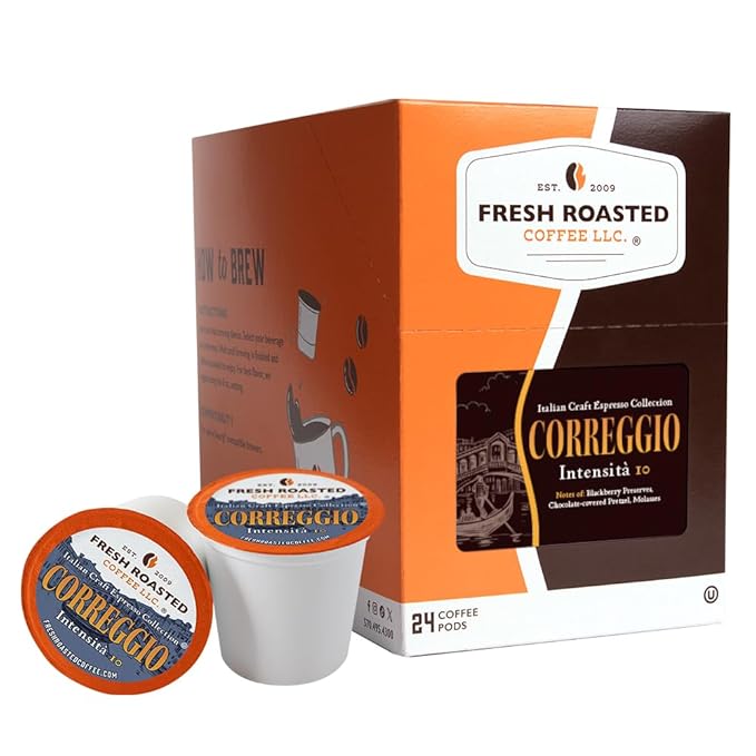 Fresh Roasted Coffee, Correggio Italian Craft Artisan Blend, Dark Roast, Kosher, 24 Pods for K cup