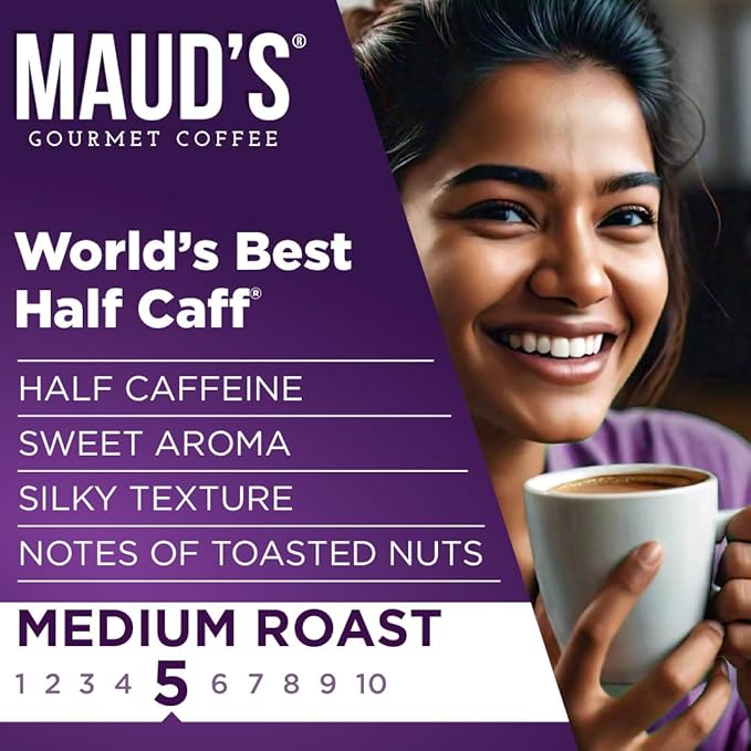 Maud's Half Caffeine Instant Coffee, 24 ct, 100% Arabica Coffee, Medium Roast, Instant Hot or Iced