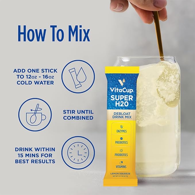 VitaCup Super H2O Bloating Relief and Digestive Health Drink Mix Packets, Probiotics, Prebiotics, C