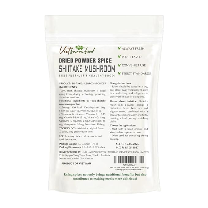 SHIITAKE MUSHROOM POWDER 1.76 Oz (50g) VIETFARMFOOD: Pure, natural freeze-dried spice made from