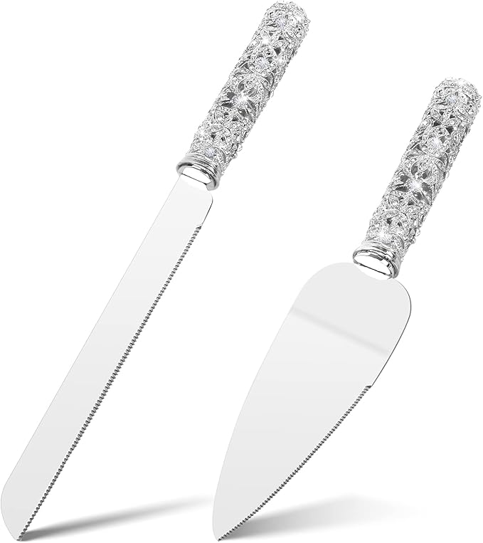 Wedding Cake Knife and Server Set - 2 Piece Dessert Set Metal Handle with Crystal Stones Decoration