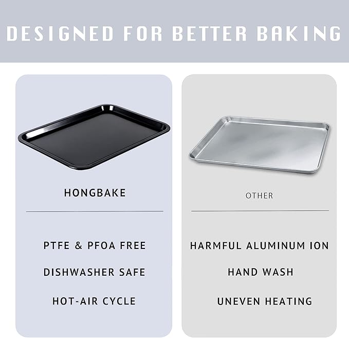 HONGBAKE 2 Pack Quarter Sheet Pan for Baking - Nonstick 13.8 x 9.8 Small Cookie Sheet with Wider