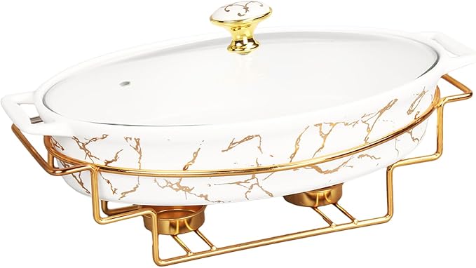 12" x 8" Ceramic Casserole Baking Dish With Glass Cover and with Golden Rack, Lasagna Pan Deep for