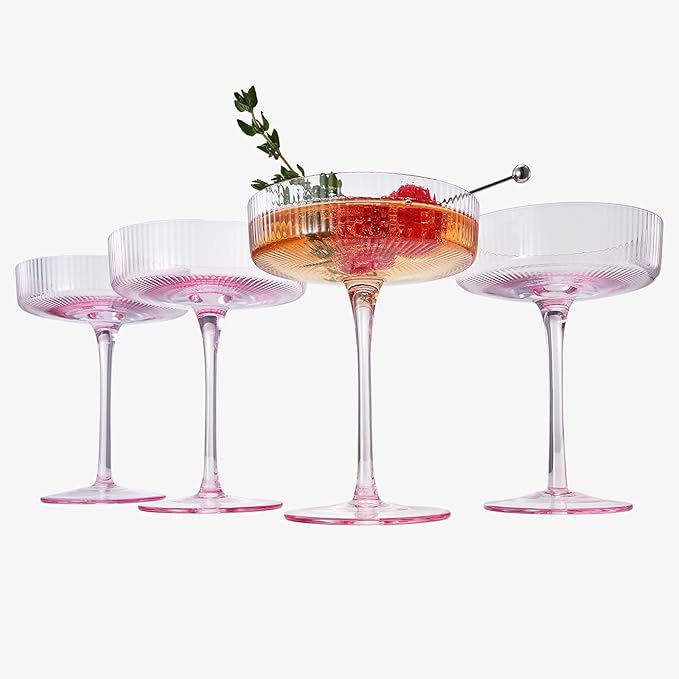Khen Ribbed Vintage Art Deco Coupe Glasses - Martini, Champagne & Cocktail Ribbed Glasses 8oz |