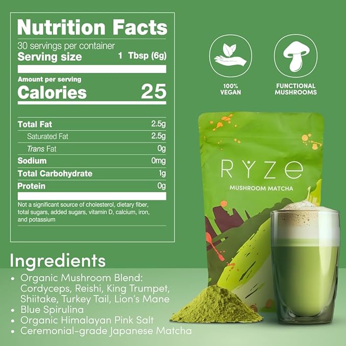 RYZE SUPERFOODS Mushroom Matcha, USDA Organic with 6 Adaptogenic Mushrooms and Ceremonial-Grade