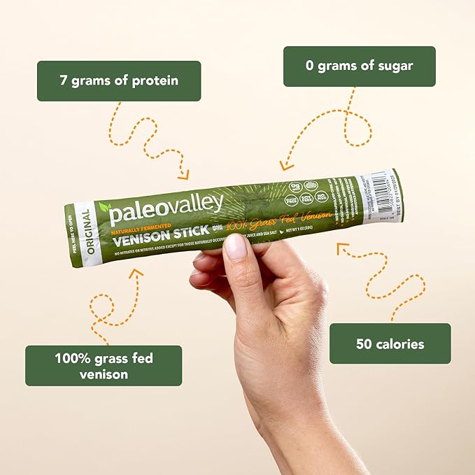 Paleovalley 100% Grass Fed Venison Sticks - 10 Pack -Keto-Friendly, High Protein, Low-Calorie Snack
