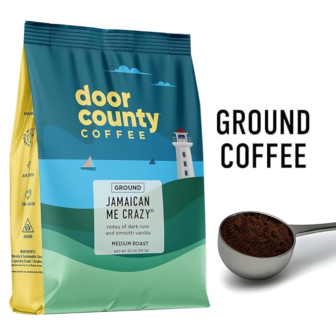 Door County Coffee, Jamaican Me Crazy, Rum & Vanilla Flavored Coffee, Medium Roast, Ground Coffee