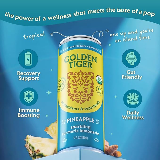 Golden Tiger Turmeric Sparkling Lemonade, Pineapple 12-Pack ??Curcumin & Ginger for Inflammation