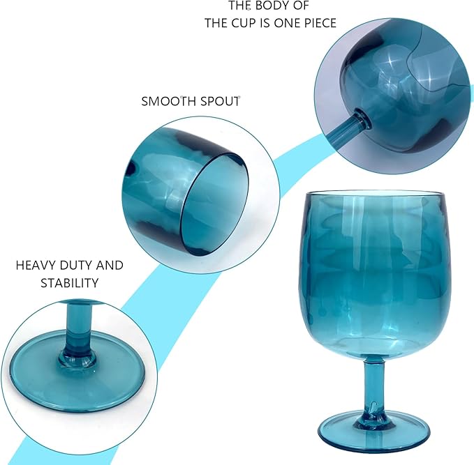 Yalin Set of 6 Unbreakable 12 oz Acrylic Plastic Wine and Water Tumbler Stackable Goblets. (Cyan