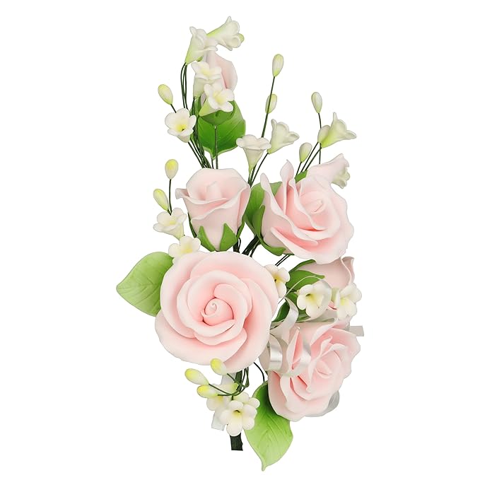 O'Creme Gumpaste Edible Flower Spray for Cake Decorating, Pastel Pink Garden Rose Sugar Paste
