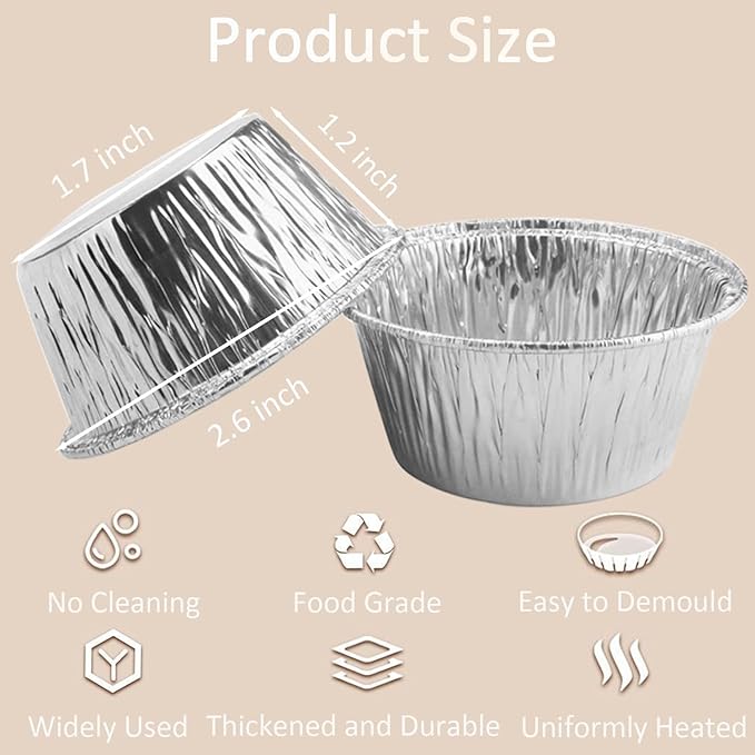 Aluminum Foil Baking Cups, 200 Pack Disposable 3 Oz Ramekins Aluminum Cupcake Muffin Liners Silver