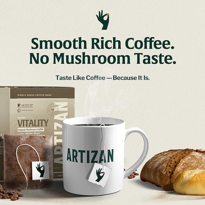 Artizan Organic Single-Serve Mushroom Coffee Bags – Lion’s Mane + Chaga | Half Caff | Full City