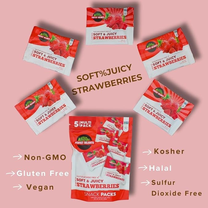 Perfect Delights Snack Pack Strawberries, Sun-Dried Strawberries, On-the-Go Vegan, Healthy Snack