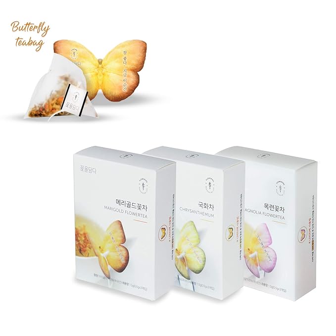 KKOKDAM Fancy Korean Tea Set Sampler – 3 Flavor Yellow Teas, Variety Pack with Butterfly Bags