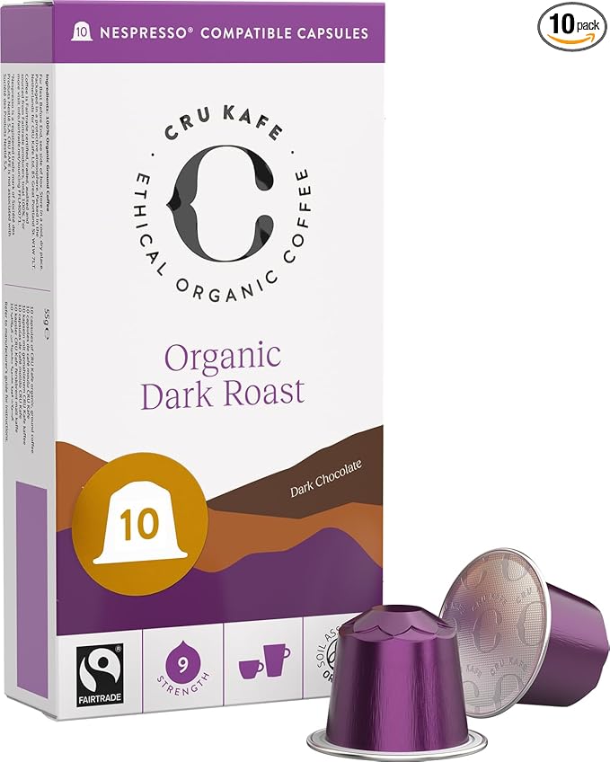 Cru Kafe Dark Roast USDA Organic Espresso Coffee Capsules (10 Pods) Fairtrade Coffee Pods