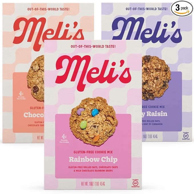 Meli?셲 Gluten Free Cookie Mix, Cookies Variety Pack - Chocolate Chip, Rainbow Chip & Oatey Raisin