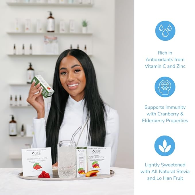 Pure Inventions - Green Tea Raspberry & Peach Water Infusion Drops -Antioxidants & Electrolytes