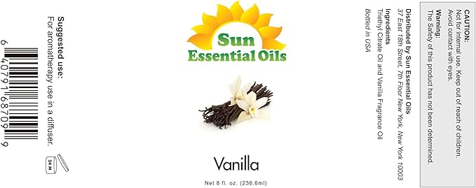 Sun Essential Oils - Vanilla Essential Oil 8 oz with Dropper for Diffuser, Skin, Hair, Humidifier &