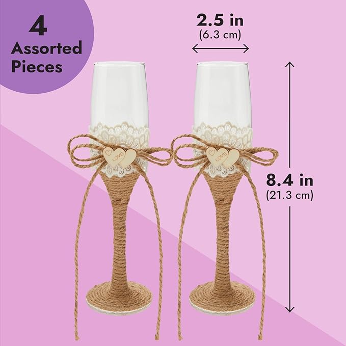 Juvale Wedding Decor Rustic Cake Knife & Server Set with Champagne Flutes - Brown Wood Handles