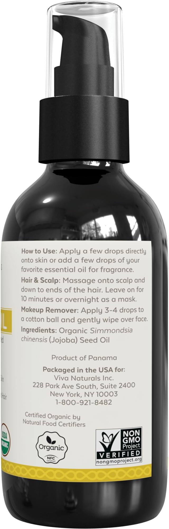 Viva Naturals Organic Jojoba Oil - Pure Cold-Pressed for Skin and Hair, USDA Certified Face