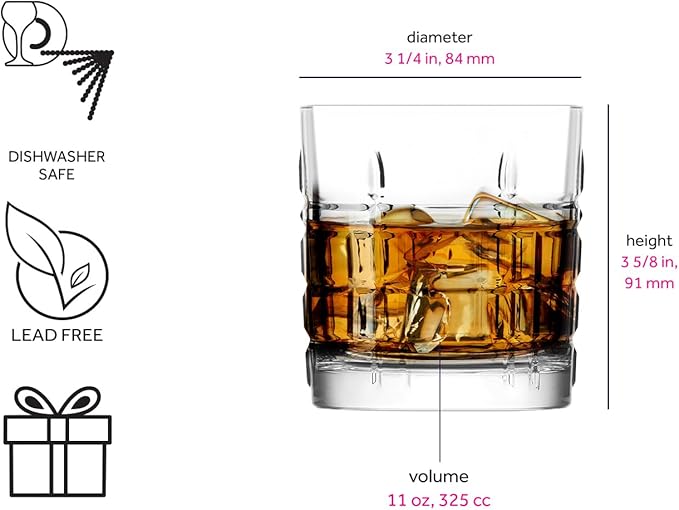 LAV Old Fashioned Whiskey Glass Set with Linear Nuances | Set of 4 x 11 oz | Brit Glasses, Bourbon