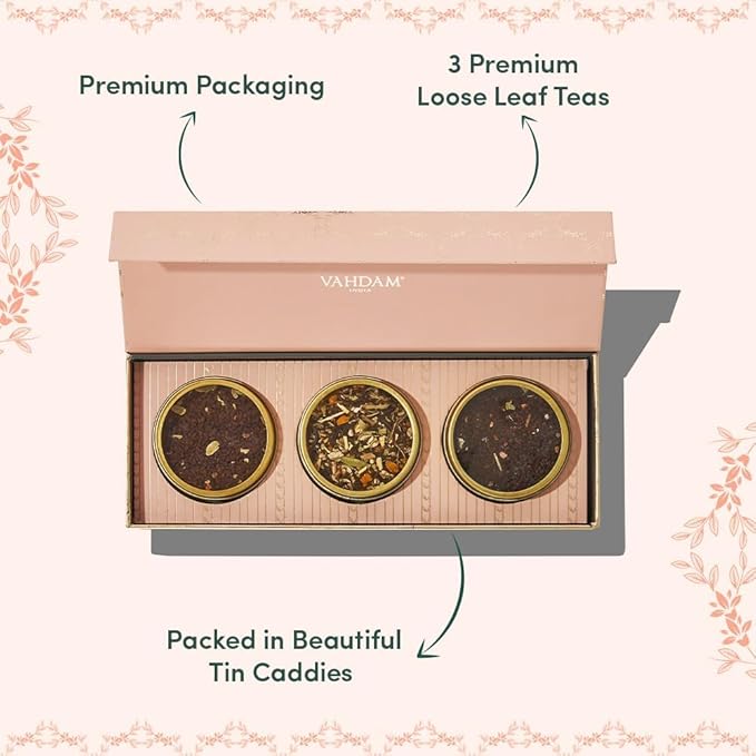 VAHDAM, BLUSH - Assorted Tea Gift Set for Women (3 Premium Teas) Tin Caddy Presentation Box | Loose