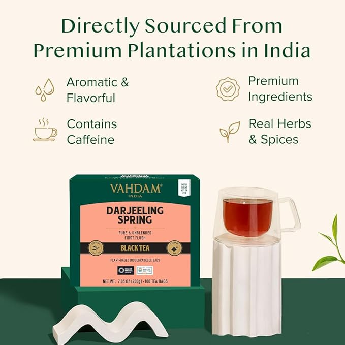 VAHDAM, Exotic Darjeeling First Flush Tea Leaves (100 Black Tea Bags) High Caffeine, Non GMO
