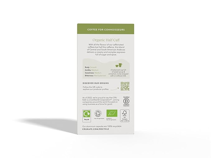 Cru Kafe USDA Organic Half Caff Espresso Coffee Capsules (10 Pods) Fairtrade Coffee Pods Compatible