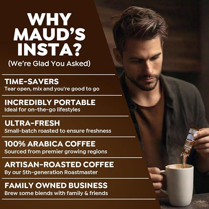 Maud's Dark Roast Instant Coffee, 26 ct, 100% Arabica Coffee, Instant Hot or Iced Coffee - Just add