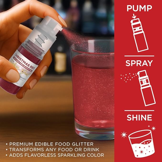 Bakell - Christmas Red Tinker Dust (4g, 1x Mini Spray Pump) Edible Glitter for Food, Desserts, and