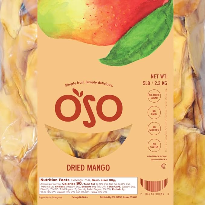 Oso Snacks Dried Mango Slices. Premium Quality, Large Round Halves!| 5LB Bulk Bag| No Sugar Added |