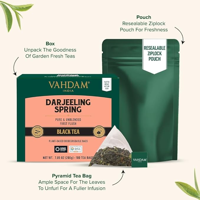 VAHDAM, Exotic Darjeeling First Flush Tea Leaves (100 Black Tea Bags) High Caffeine, Non GMO