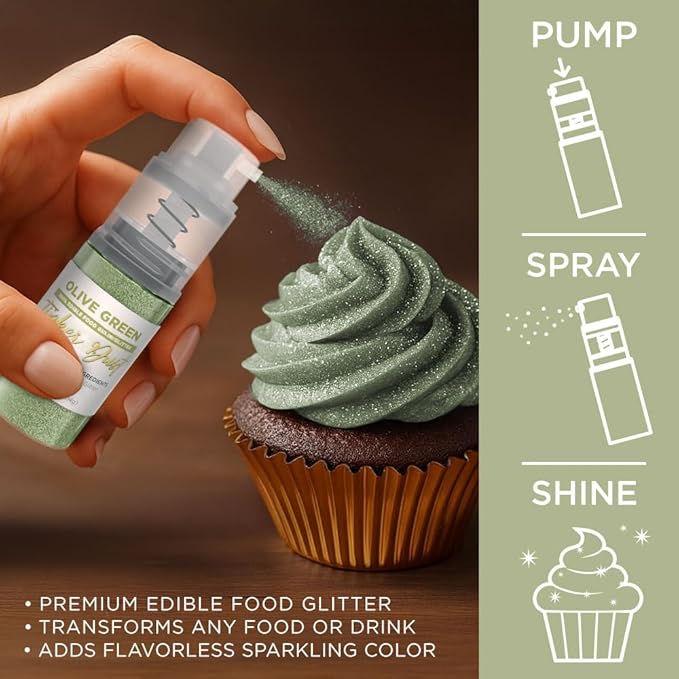 Bakell - Olive Green Tinker Dust (4g, 1x Mini Spray Pump) Edible Glitter for Food, Desserts, and