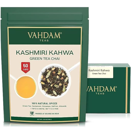VAHDAM, Kashmiri Kahwa Tea (50 Cups/3.53oz) | Green Tea, Cinnamon, Cardamom, Almond & Saffron |